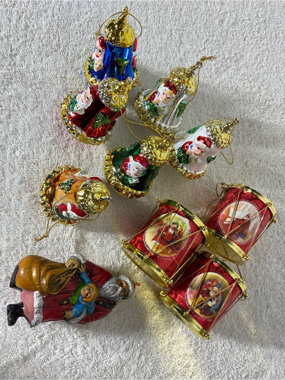 Vintage Plastic Christmas Ornaments Lot Santa Bells Drums Mid Century Kitsch 10p
